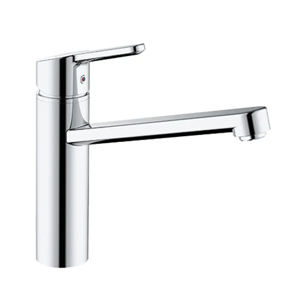 Küchenarmatur in chrom mit einem schwenkbaren Auslauf und einem Hebel zur Regulierung von Wasserfluss und Temperatur, Marke Kludi.